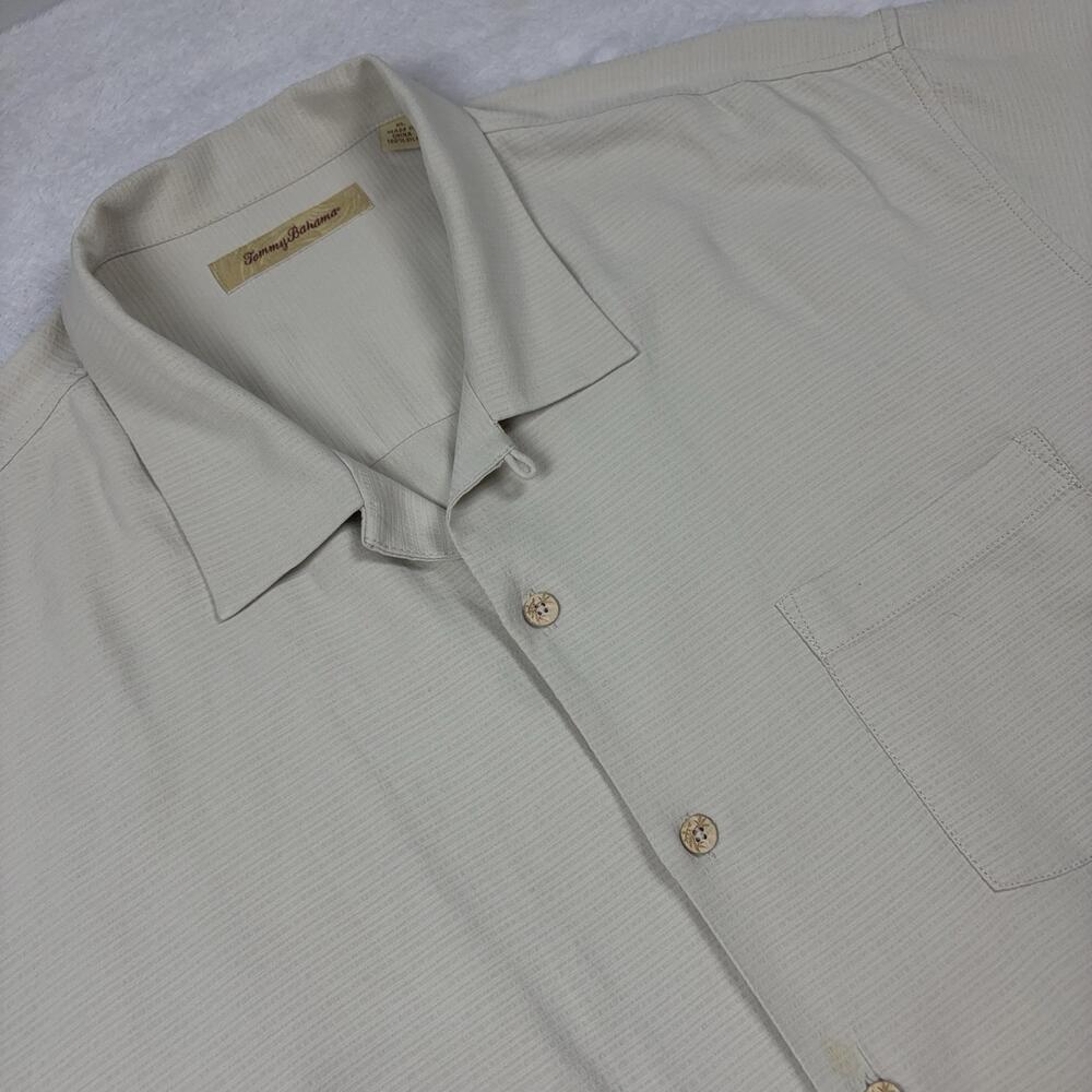 Tommy Bahama Button Up Shirt Men XL Beige Silk Short Sleeve Relaxed Pocket